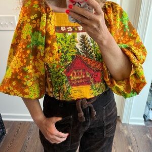 SELINA SANDERS FALL THEME TEA TOWEL HANDMADE Puff Sleeve Top Red Cabin Medium